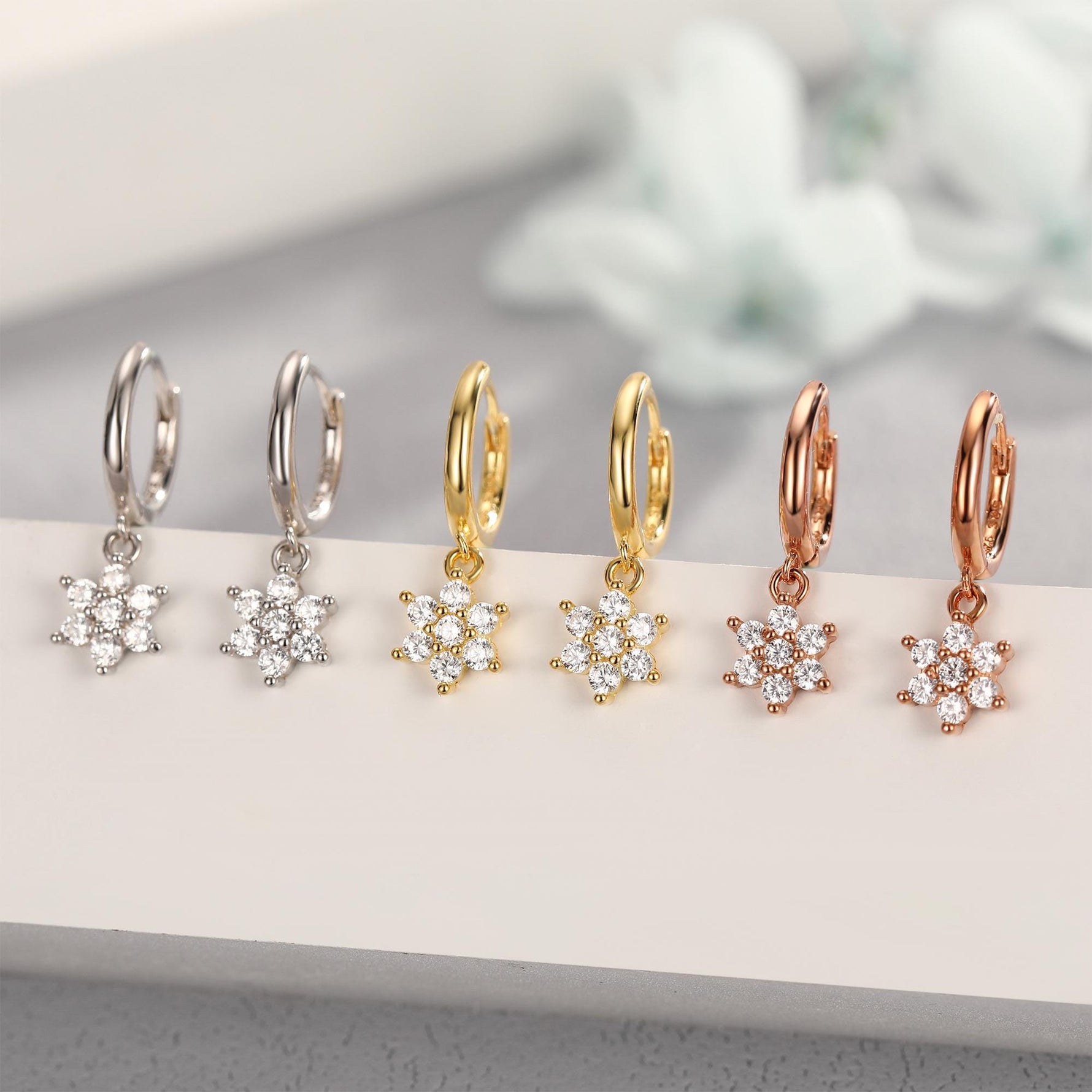 Tiny CZ Flower Dangle Huggie Hoop in Sterling Silver, Silver or Gold or Rose Gold, Skinny CZ Snowflake Earrings, CZ Flower Hoops