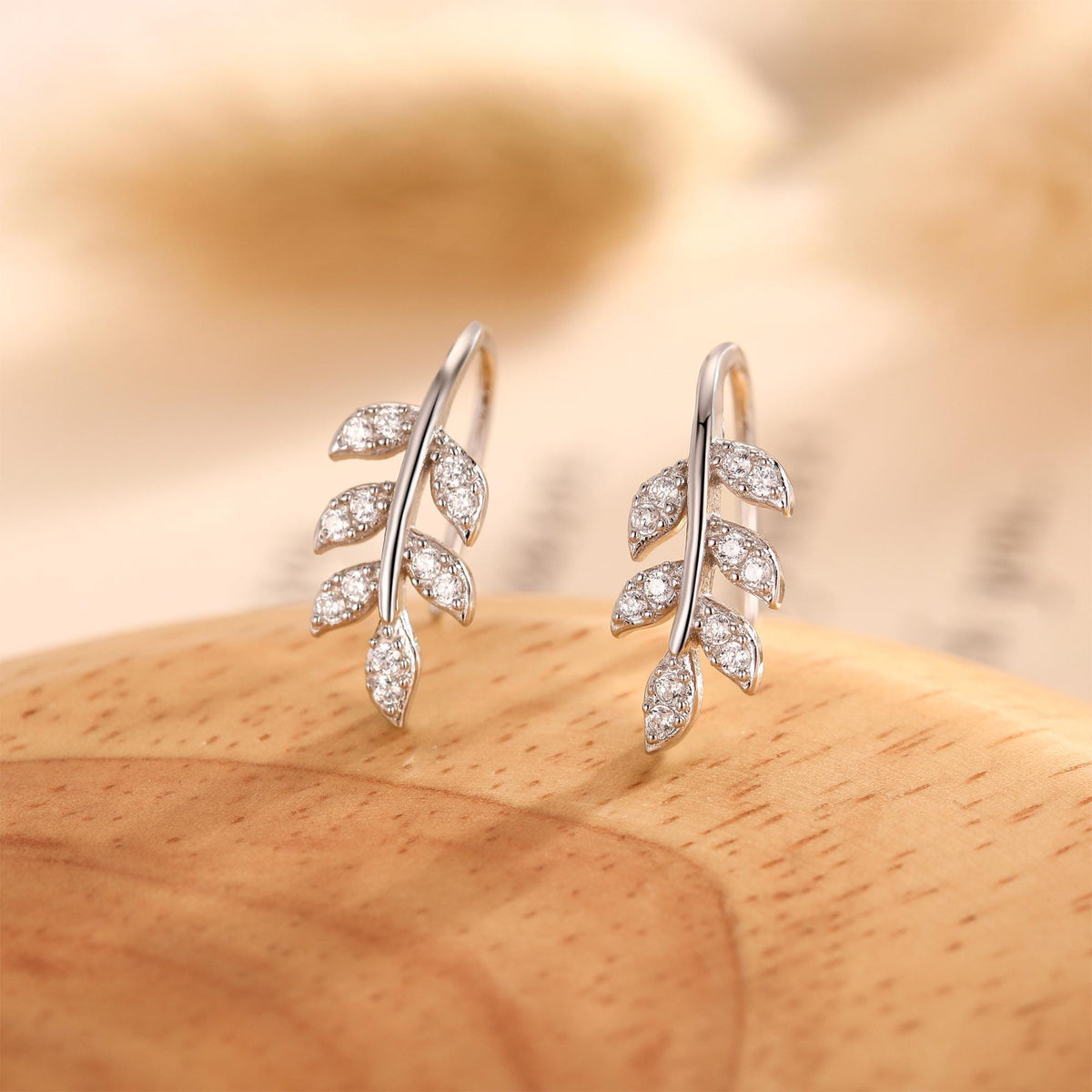 CZ Leaf Mini Crawler Earrings in Sterling Silver, Silver, Gold or Rose Gold, Olive Branch Climber Earrings, Nature Inspired Ear Climbers