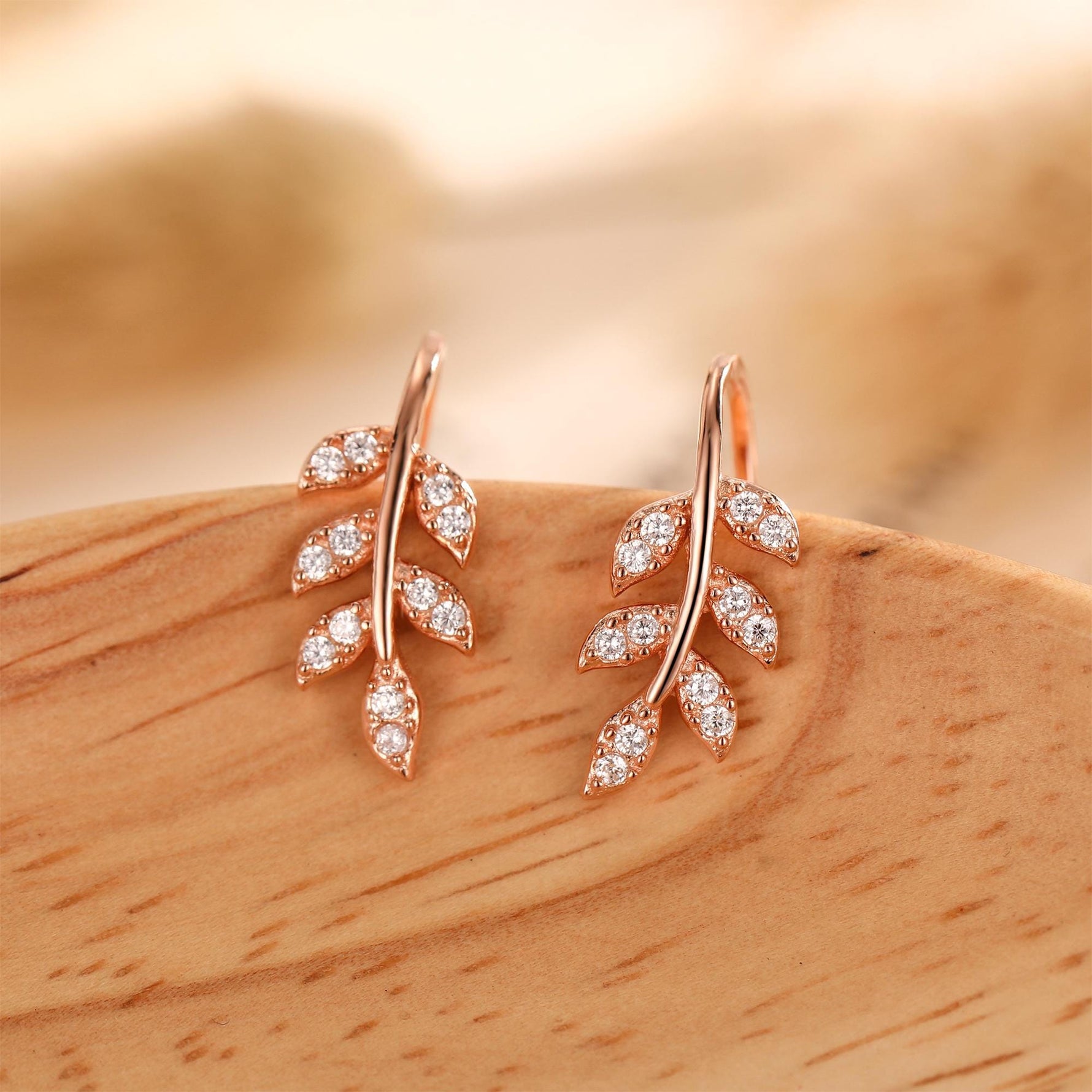 CZ Leaf Mini Crawler Earrings in Sterling Silver, Silver, Gold or Rose Gold, Olive Branch Climber Earrings, Nature Inspired Ear Climbers
