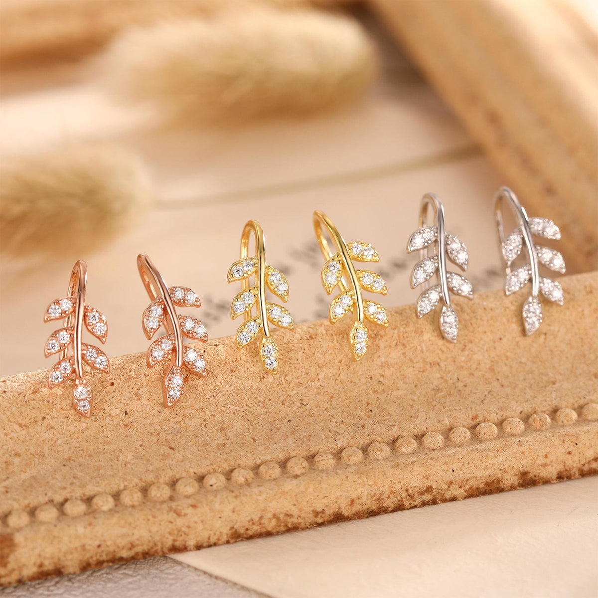 CZ Leaf Mini Crawler Earrings in Sterling Silver, Silver, Gold or Rose Gold, Olive Branch Climber Earrings, Nature Inspired Ear Climbers