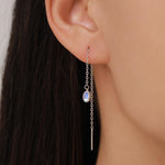 Moonstone Oval Threader Earrings in Sterling Silver, Simulated Moonstone Threaders, Mermaid Crystal Earrings, Ear Threaders