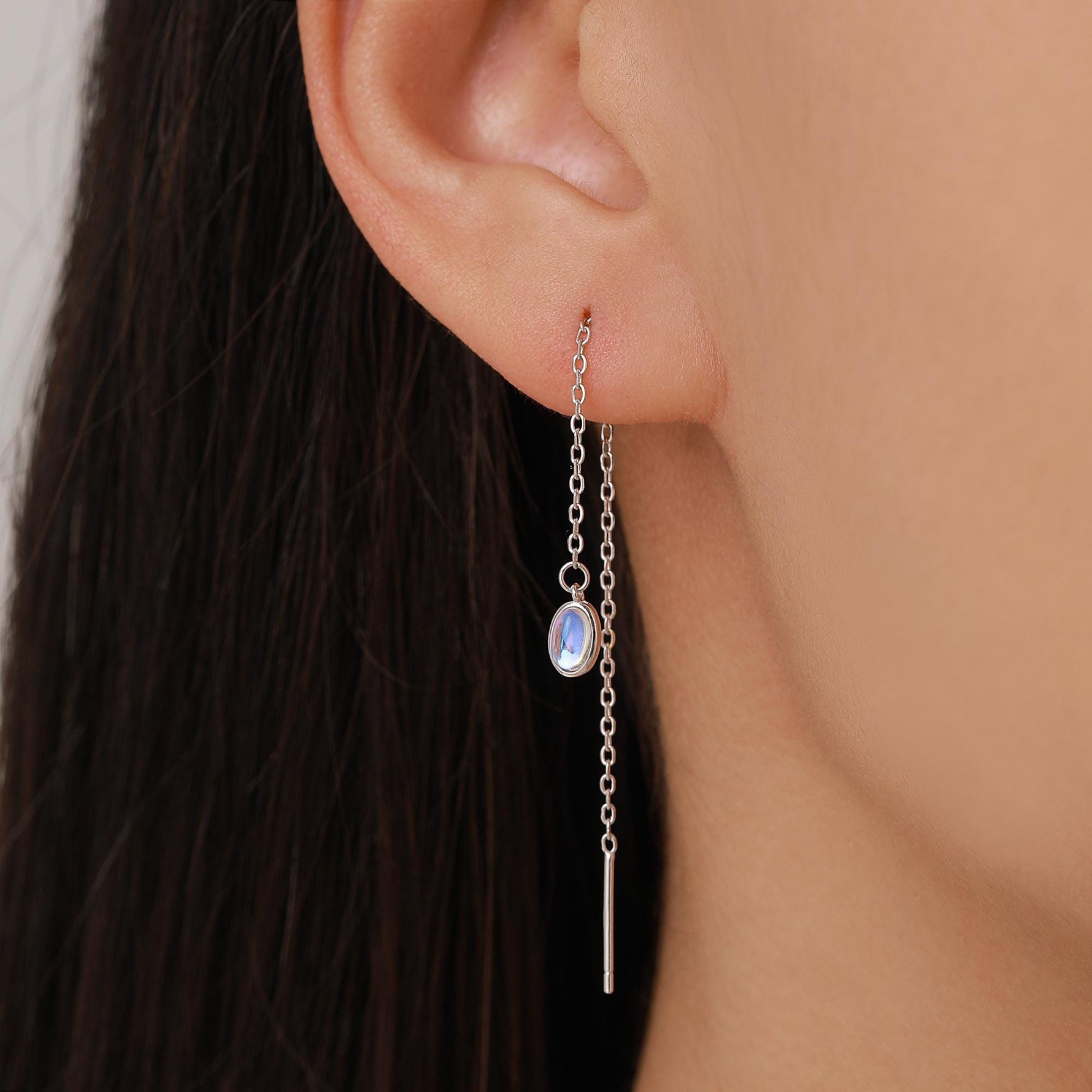 Moonstone Oval Threader Earrings in Sterling Silver, Simulated Moonstone Threaders, Mermaid Crystal Earrings, Ear Threaders