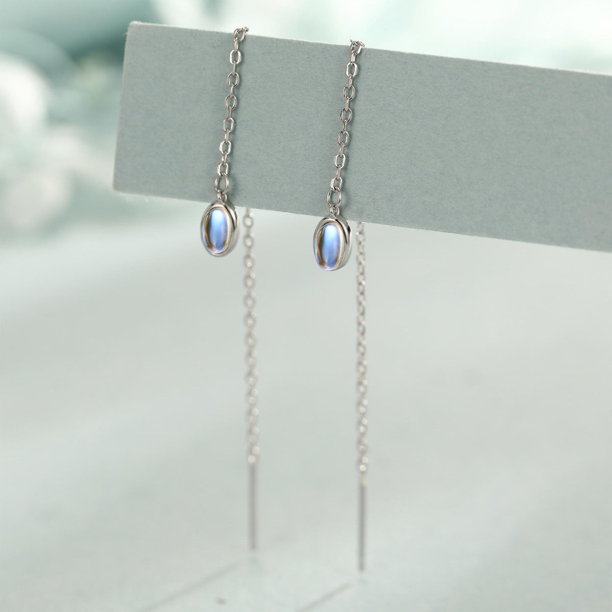 Moonstone Oval Threader Earrings in Sterling Silver, Simulated Moonstone Threaders, Mermaid Crystal Earrings, Ear Threaders