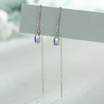 Moonstone Oval Threader Earrings in Sterling Silver, Simulated Moonstone Threaders, Mermaid Crystal Earrings, Ear Threaders