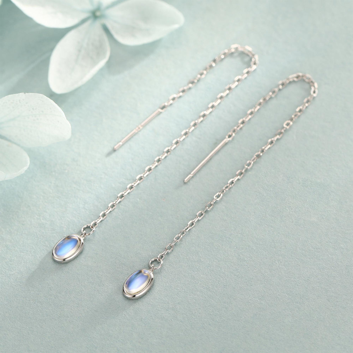 Moonstone Oval Threader Earrings in Sterling Silver, Simulated Moonstone Threaders, Mermaid Crystal Earrings, Ear Threaders