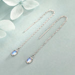 Moonstone Oval Threader Earrings in Sterling Silver, Simulated Moonstone Threaders, Mermaid Crystal Earrings, Ear Threaders