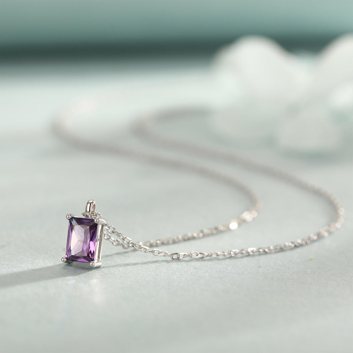Emerald Cut Amethyst Purple CZ Pendant Necklace in Sterling Silver, Rectangular Cut Crystal Earrings, Purple CZ Necklace