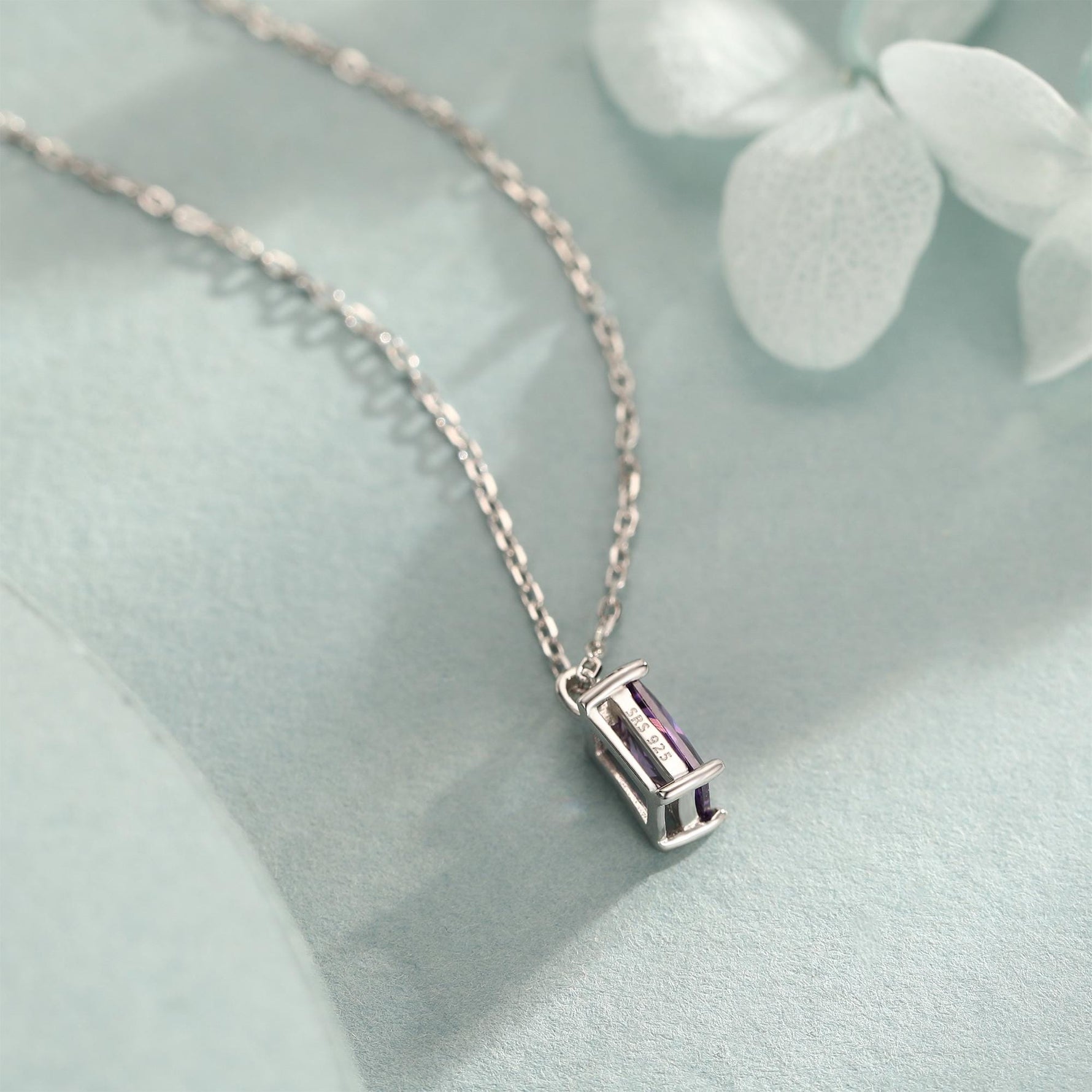 Emerald Cut Amethyst Purple CZ Pendant Necklace in Sterling Silver, Rectangular Cut Crystal Earrings, Purple CZ Necklace