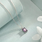 Emerald Cut Amethyst Purple CZ Pendant Necklace in Sterling Silver, Rectangular Cut Crystal Earrings, Purple CZ Necklace