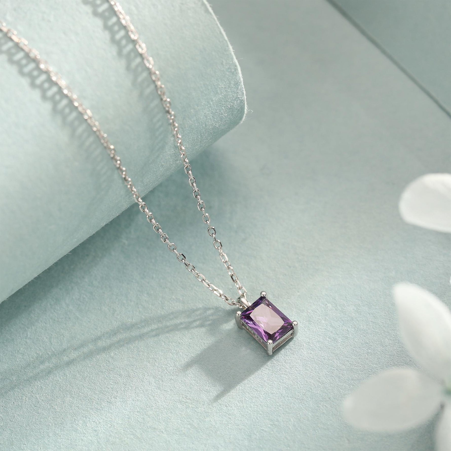 Emerald Cut Amethyst Purple CZ Pendant Necklace in Sterling Silver, Rectangular Cut Crystal Earrings, Purple CZ Necklace