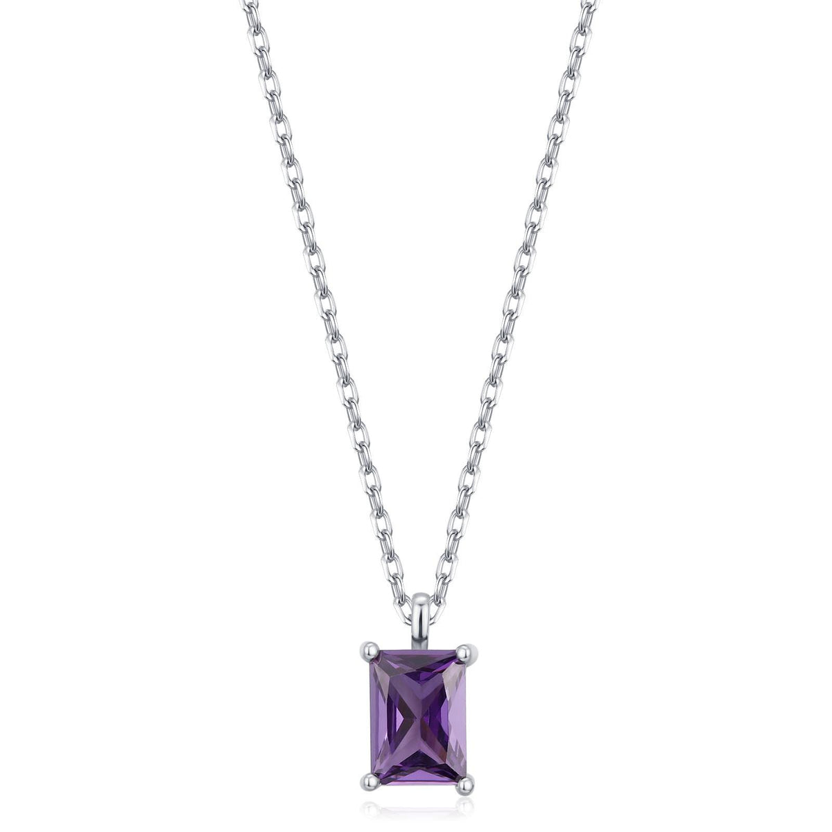 Emerald Cut Amethyst Purple CZ Pendant Necklace in Sterling Silver, Rectangular Cut Crystal Earrings, Purple CZ Necklace