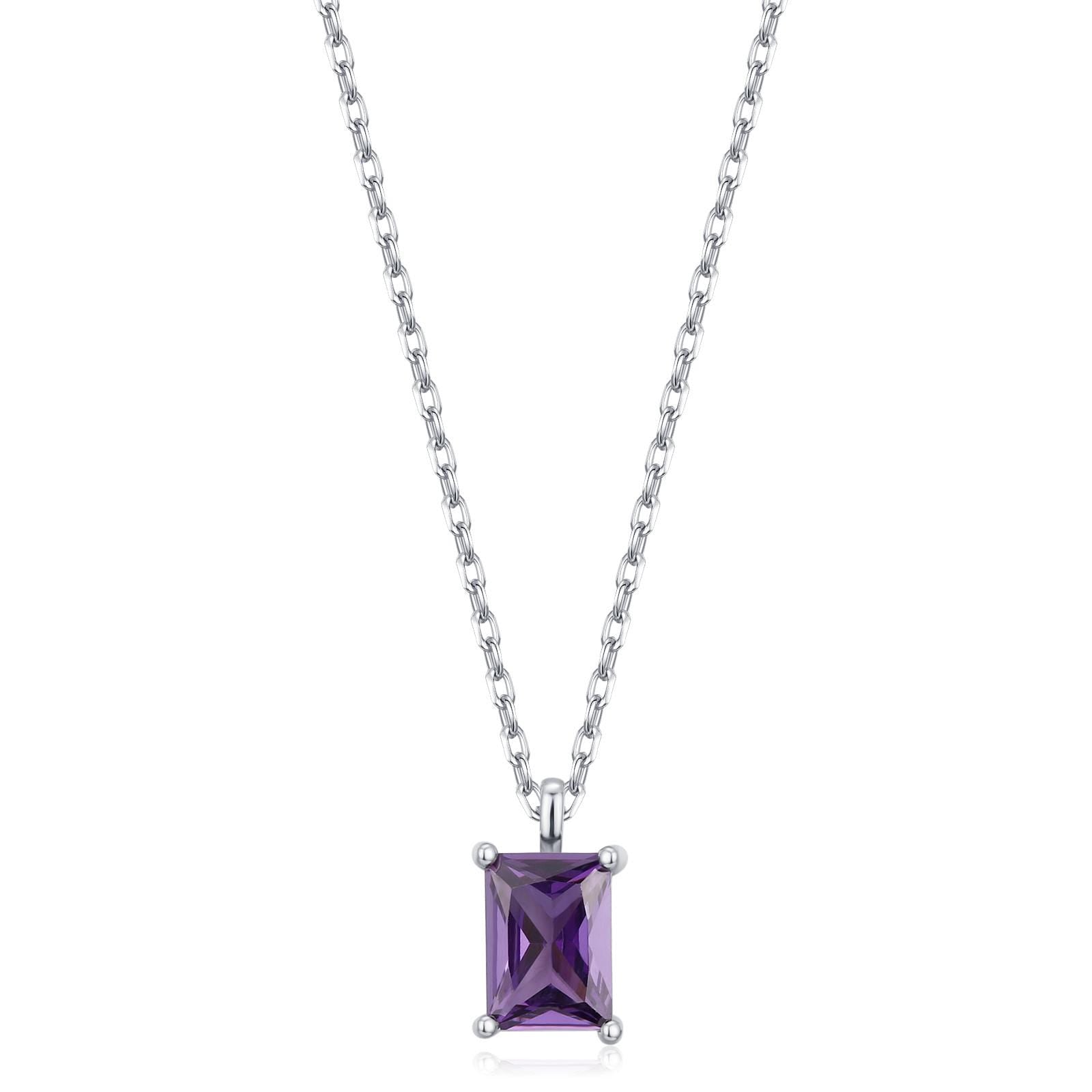 Emerald Cut Amethyst Purple CZ Pendant Necklace in Sterling Silver, Rectangular Cut Crystal Earrings, Purple CZ Necklace