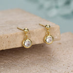 Tiny Dangling Solitaire CZ Stone Drop Stud Earrings in Sterling Silver, Classic Minimalist Geometric Design, Delicate