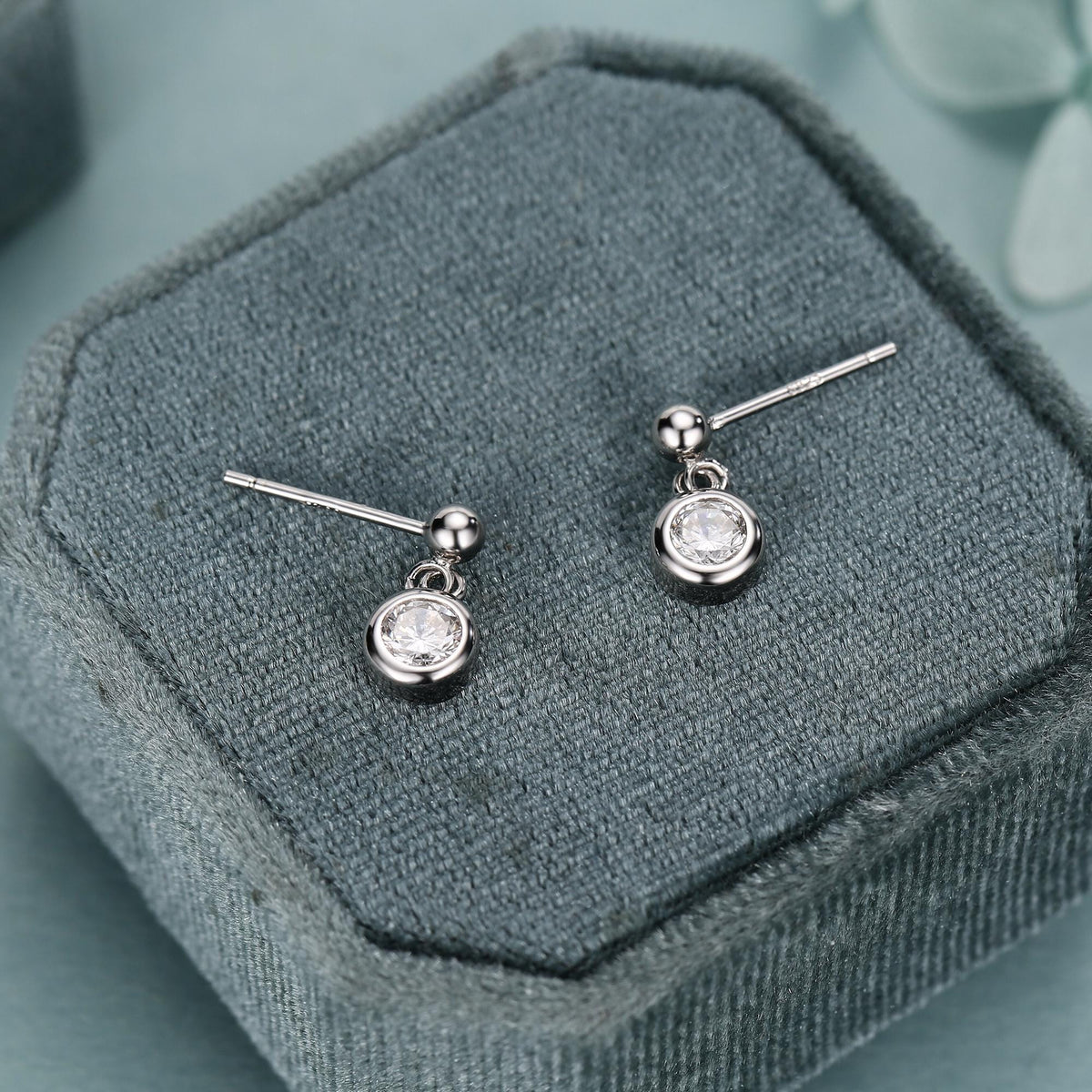 Tiny Dangling Solitaire CZ Stone Drop Stud Earrings in Sterling Silver, Classic Minimalist Geometric Design, Delicate