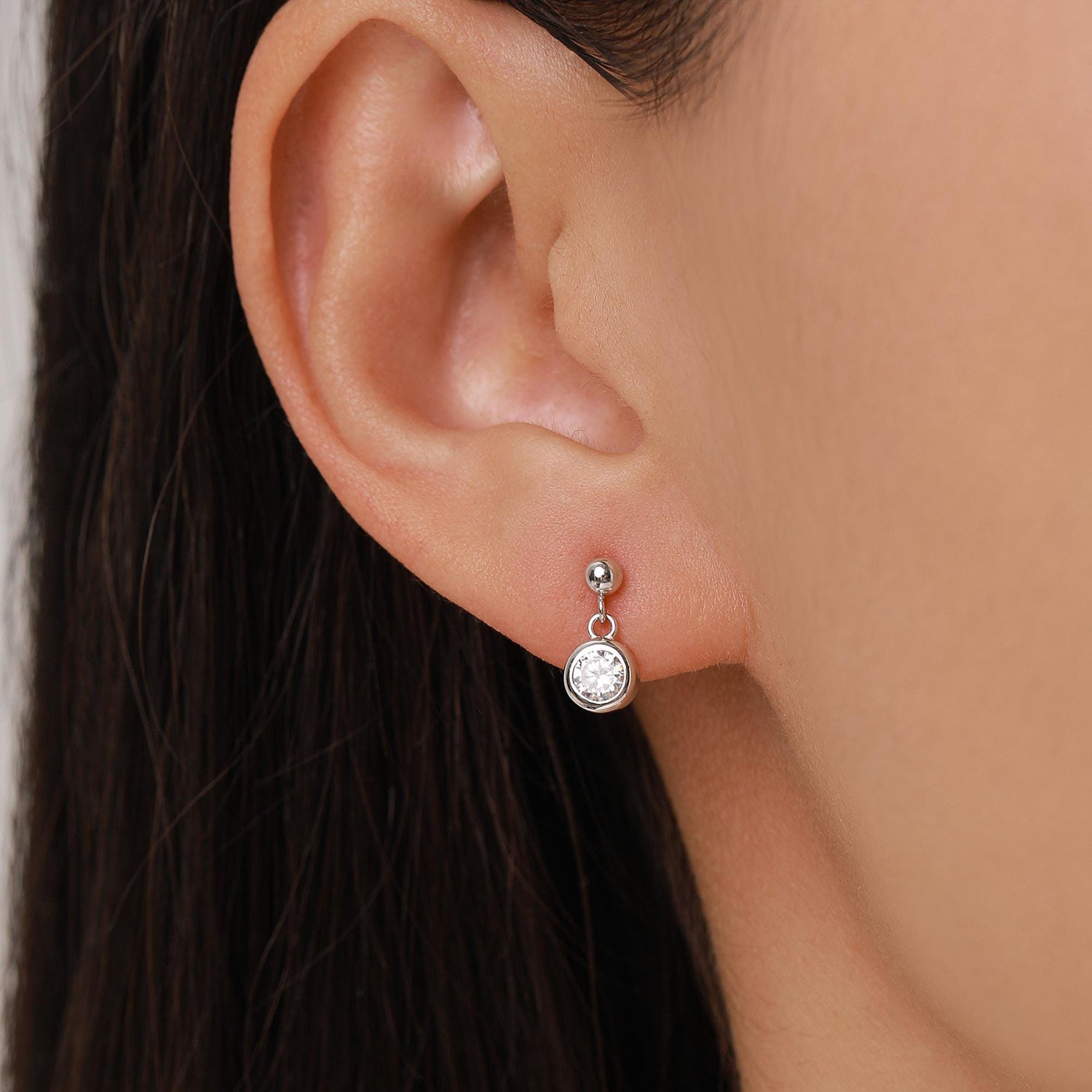 Tiny Dangling Solitaire CZ Stone Drop Stud Earrings in Sterling Silver, Classic Minimalist Geometric Design, Delicate