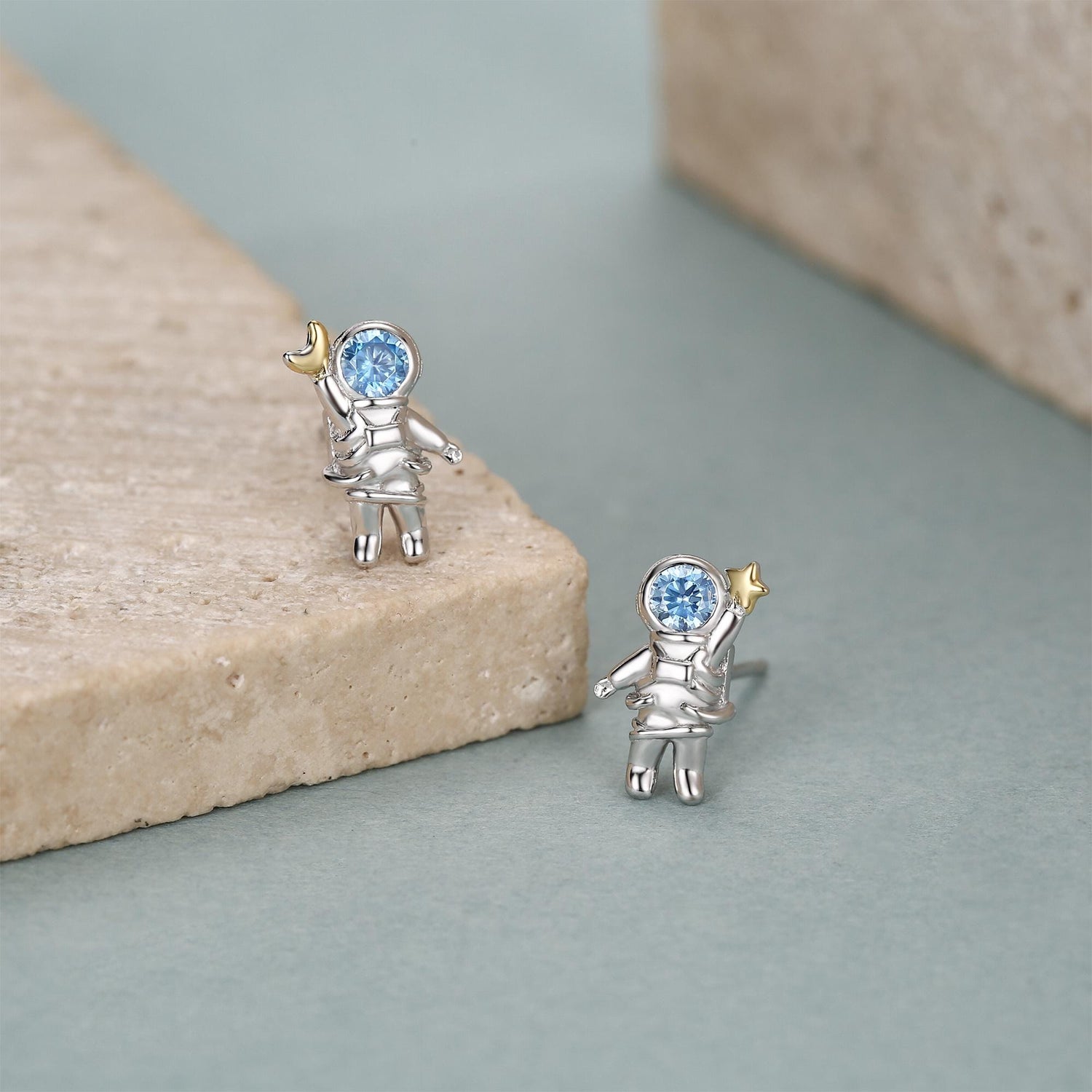 Mismatched Blue CZ Astronaut Moon and Star Stud Earrings in Sterling Silver