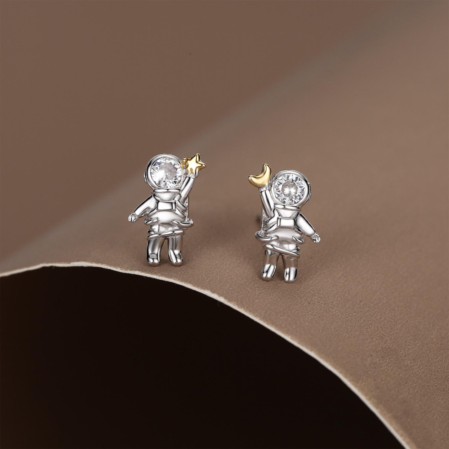 Sterling Silver Clear CZ Astronaut Moon and Star Stud Earrings