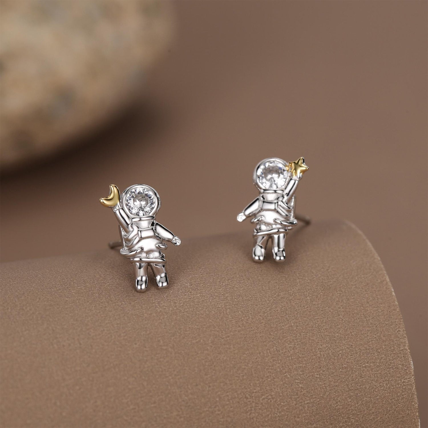 Sterling Silver Clear CZ Astronaut Moon and Star Stud Earrings