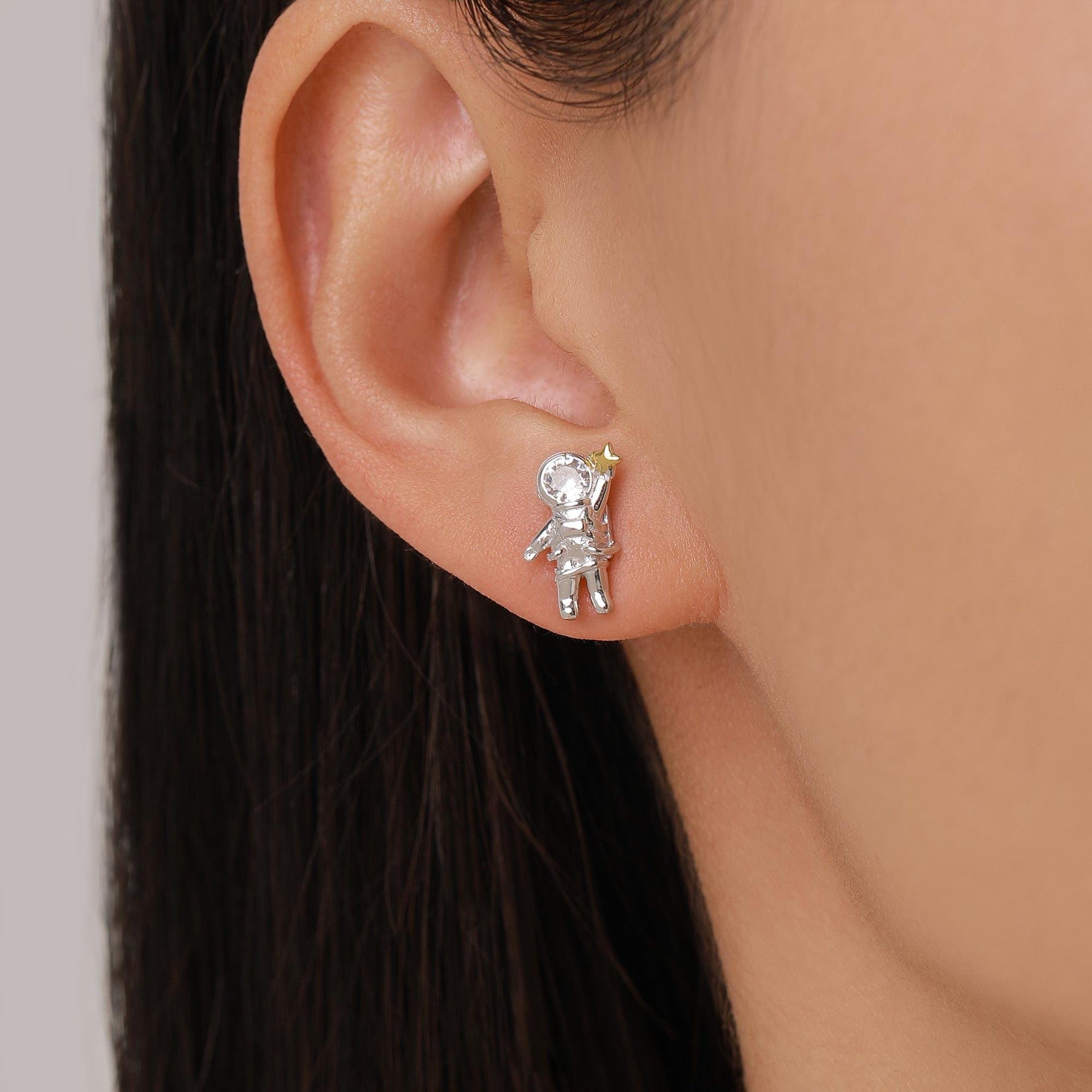 Sterling Silver Clear CZ Astronaut Moon and Star Stud Earrings