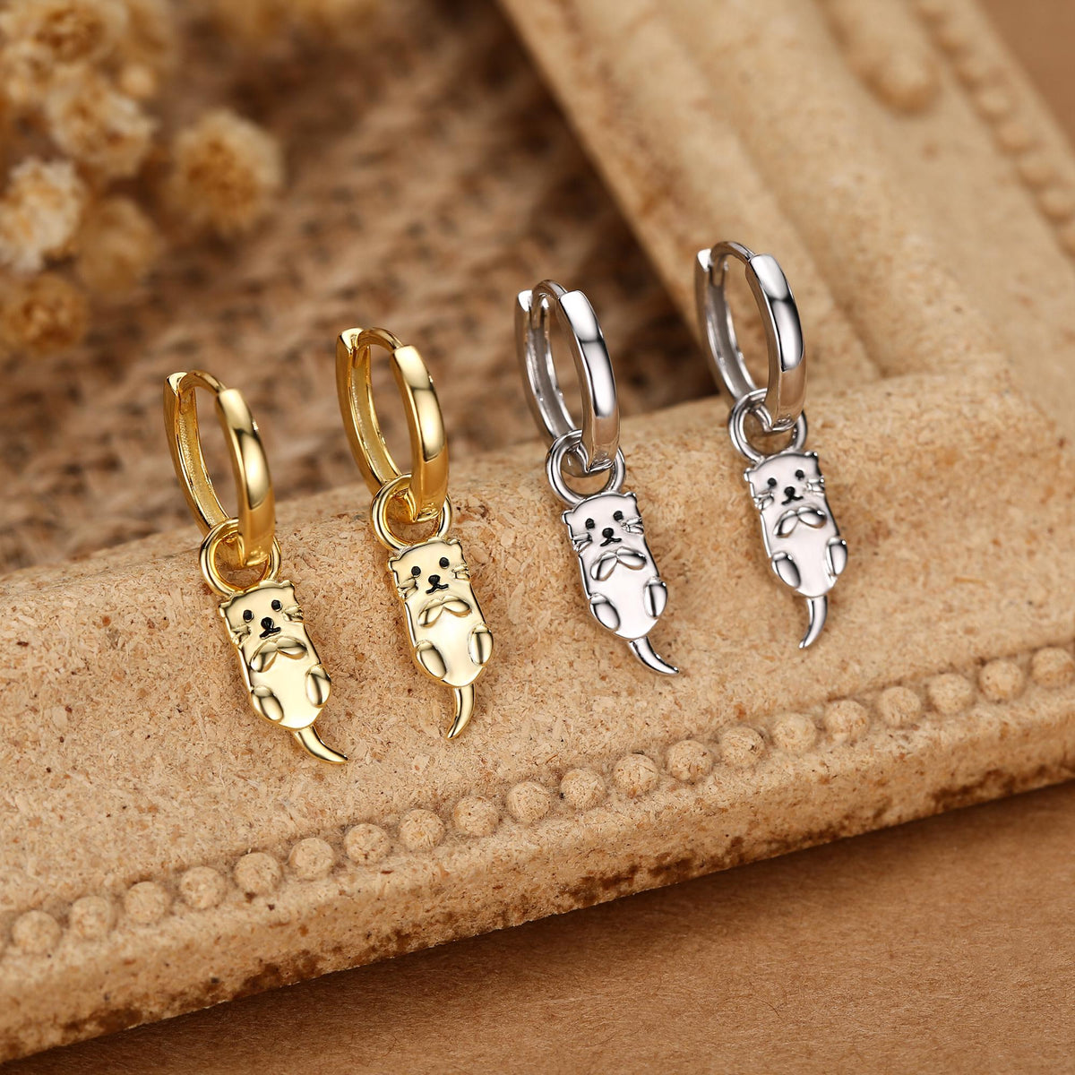 Dangling Otter Huggie Hoops in Sterling Silver, Silver or Gold, Otter Earrings, Detachable and Interchangeable