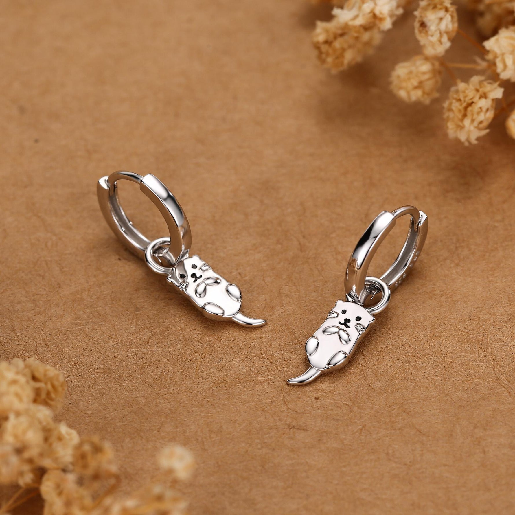 Dangling Otter Huggie Hoops in Sterling Silver, Silver or Gold, Otter Earrings, Detachable and Interchangeable