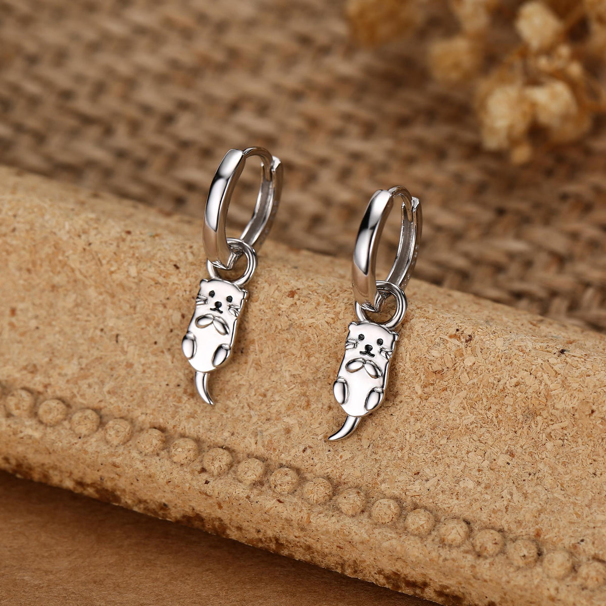 Dangling Otter Huggie Hoops in Sterling Silver, Silver or Gold, Otter Earrings, Detachable and Interchangeable