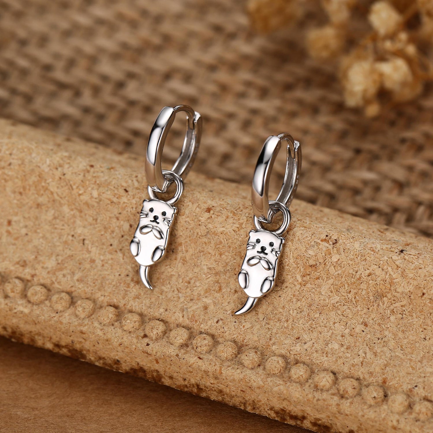 Dangling Otter Huggie Hoops in Sterling Silver, Silver or Gold, Otter Earrings, Detachable and Interchangeable