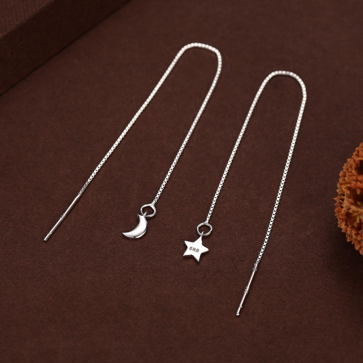 Moon and Star Threader Earrings in Sterling Silver, Silver or Gold, Crescent Moon Ear Threaders, 10cm long threaders, Double Piecing