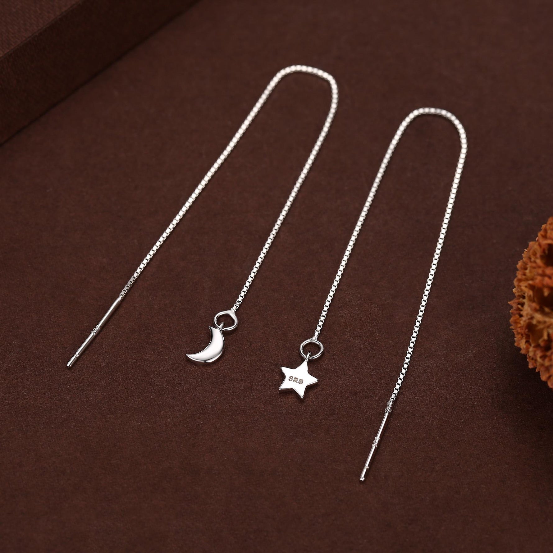 Moon and Star Threader Earrings in Sterling Silver, Silver or Gold, Crescent Moon Ear Threaders, 10cm long threaders, Double Piecing