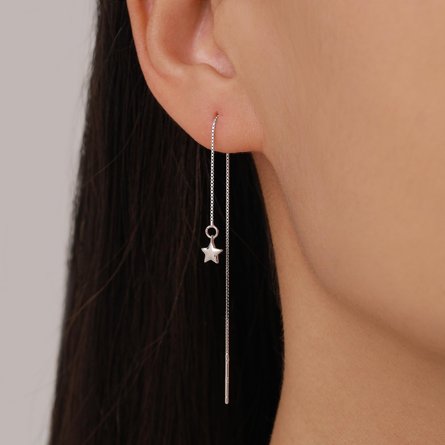 Moon and Star Threader Earrings in Sterling Silver, Silver or Gold, Crescent Moon Ear Threaders, 10cm long threaders, Double Piecing