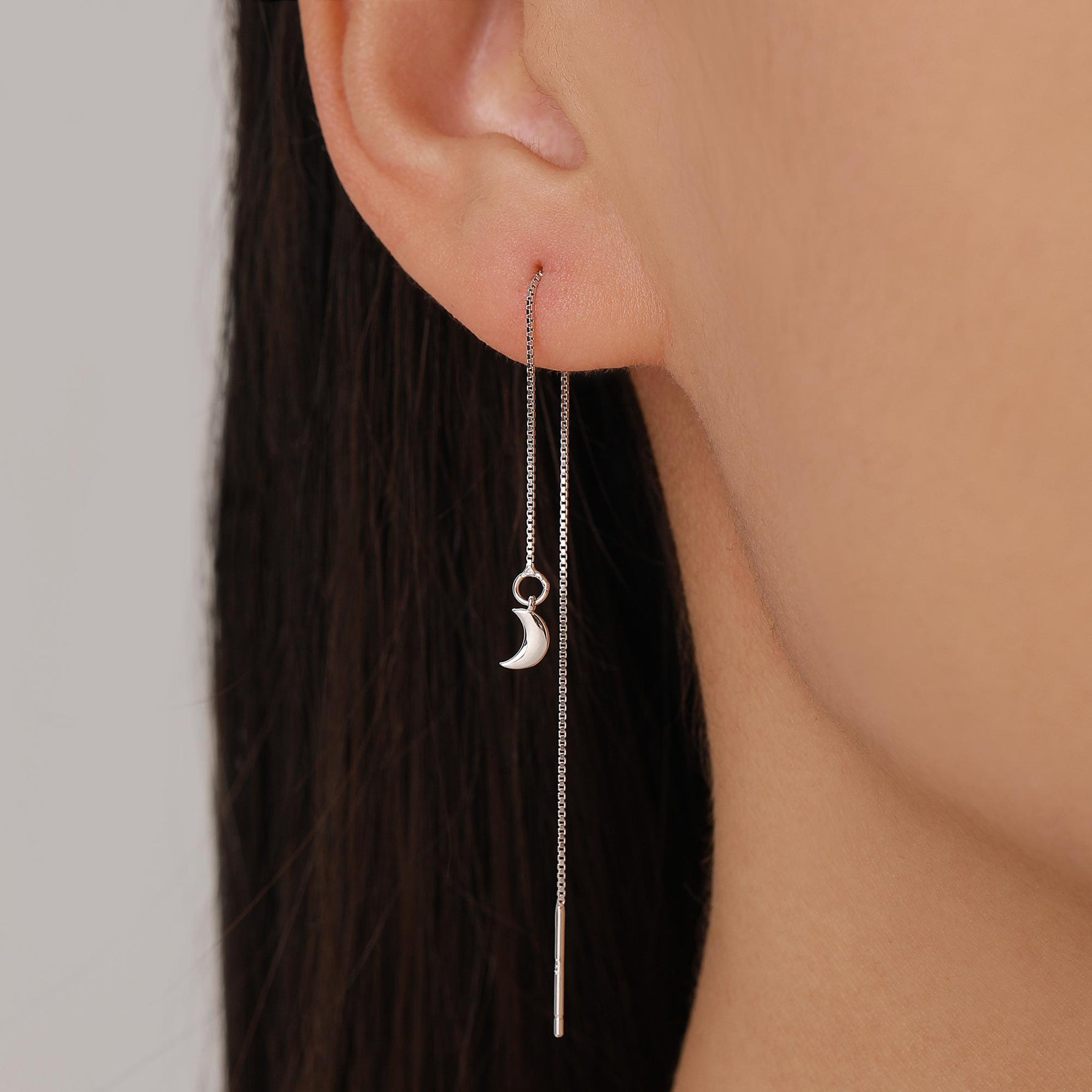 Moon and Star Threader Earrings in Sterling Silver, Silver or Gold, Crescent Moon Ear Threaders, 10cm long threaders, Double Piecing