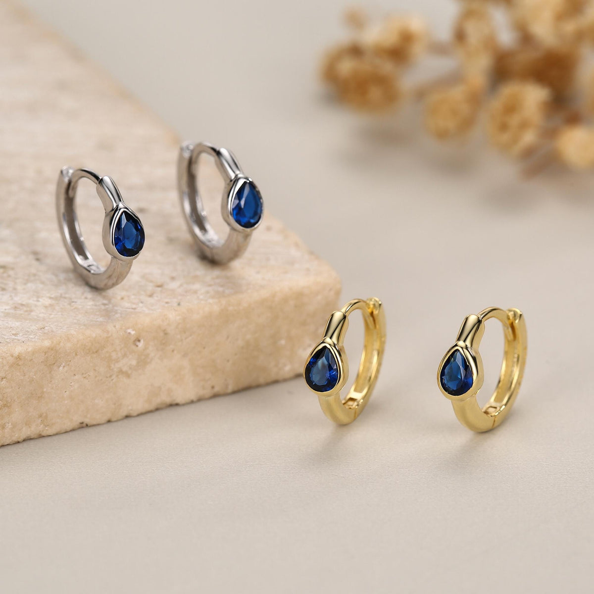 Sapphire Blue Pear Cut CZ Huggie Hoop in Sterling Silver, Silver or Gold, Minimalist Simple Blue Hoop Earrings