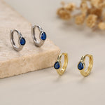 Sapphire Blue Pear Cut CZ Huggie Hoop in Sterling Silver, Silver or Gold, Minimalist Simple Blue Hoop Earrings