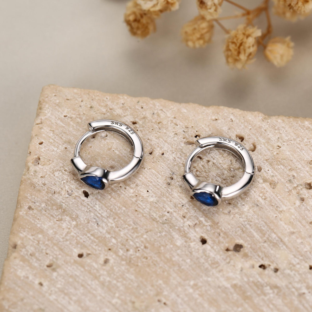 Sapphire Blue Pear Cut CZ Huggie Hoop in Sterling Silver, Silver or Gold, Minimalist Simple Blue Hoop Earrings