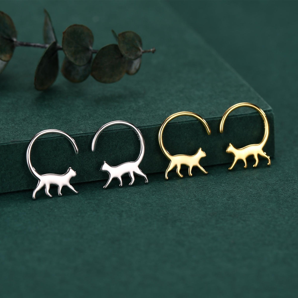 Tiny Cat Hoop Earrings in Sterling Silver, Silver or Gold, Minimalist Cat Silhouette Earrings, Simple Cat Earrings