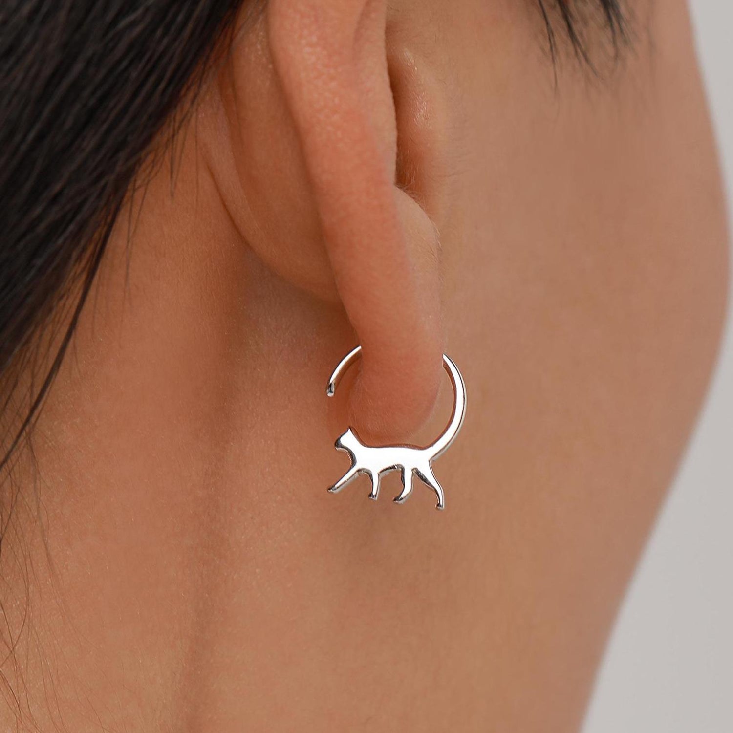 Tiny Cat Hoop Earrings in Sterling Silver, Silver or Gold, Minimalist Cat Silhouette Earrings, Simple Cat Earrings