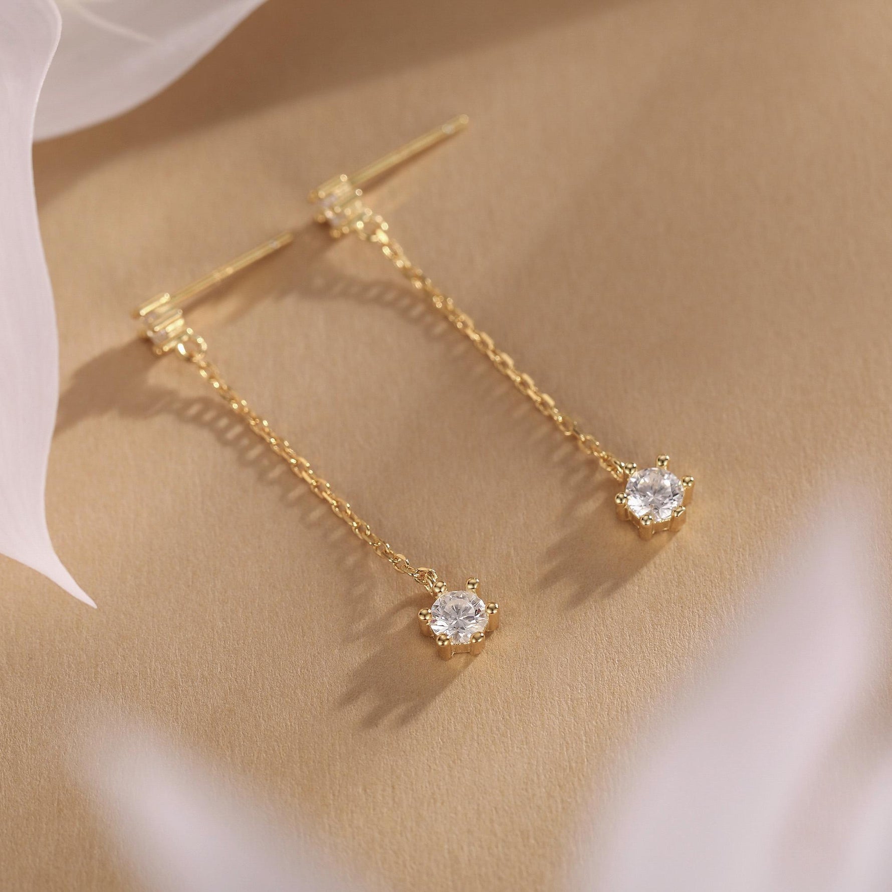 Clear CZ Dangle Chain Stud Drop Earrings in Sterling Silver, Silver or Gold, Geometric Double CZ Chain Earrings, CZ Drop Earrings