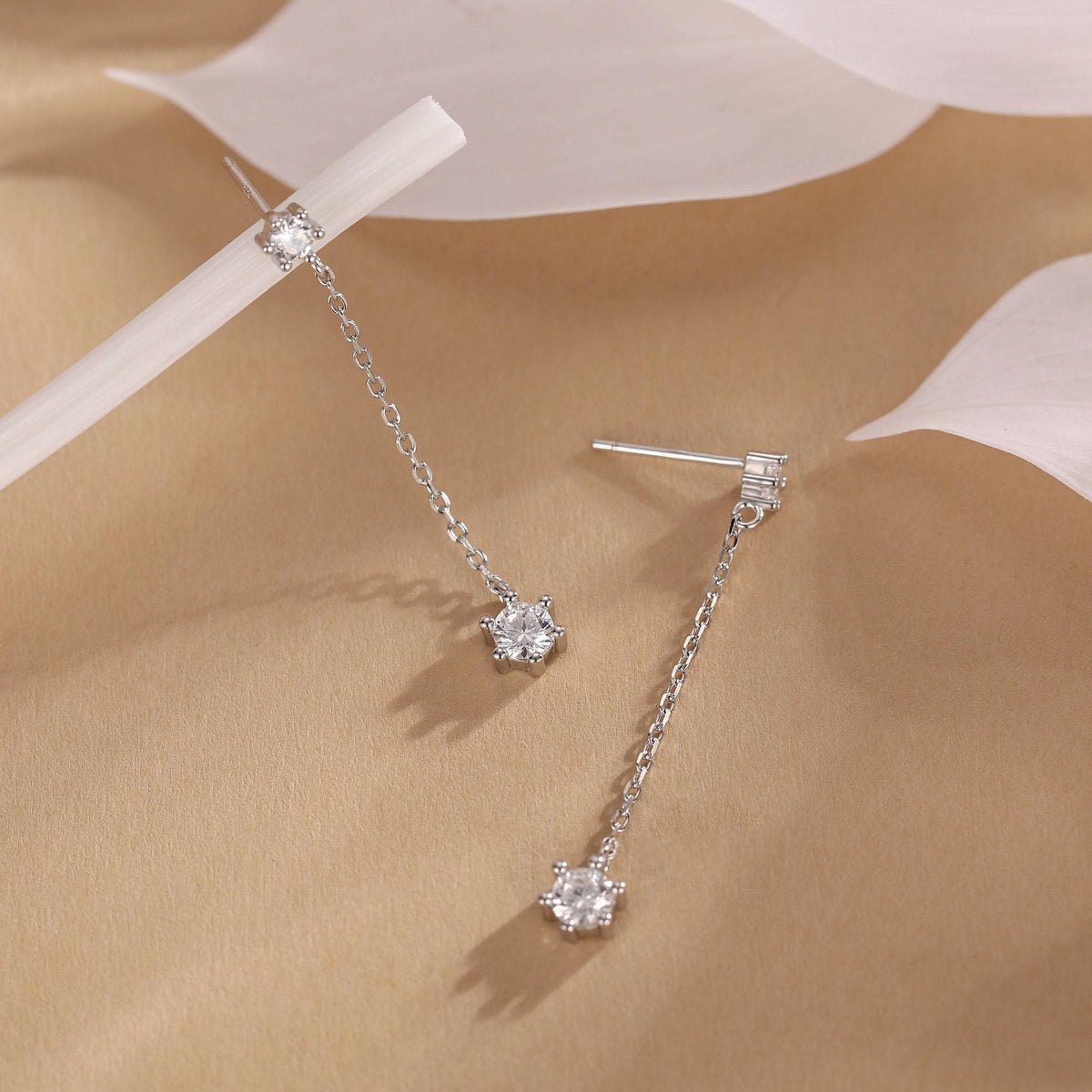 Clear CZ Dangle Chain Stud Drop Earrings in Sterling Silver, Silver or Gold, Geometric Double CZ Chain Earrings, CZ Drop Earrings