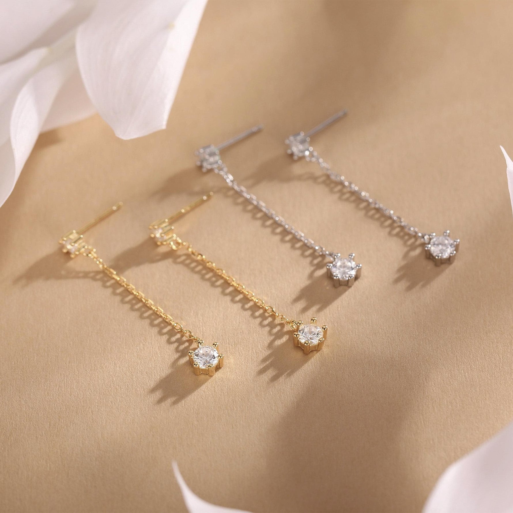 Clear CZ Dangle Chain Stud Drop Earrings in Sterling Silver, Silver or Gold, Geometric Double CZ Chain Earrings, CZ Drop Earrings