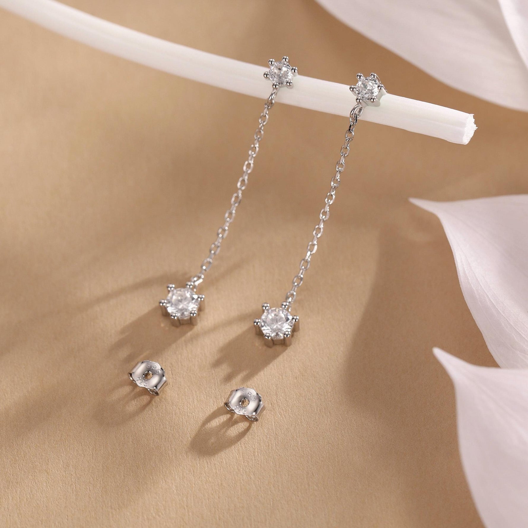 Clear CZ Dangle Chain Stud Drop Earrings in Sterling Silver, Silver or Gold, Geometric Double CZ Chain Earrings, CZ Drop Earrings