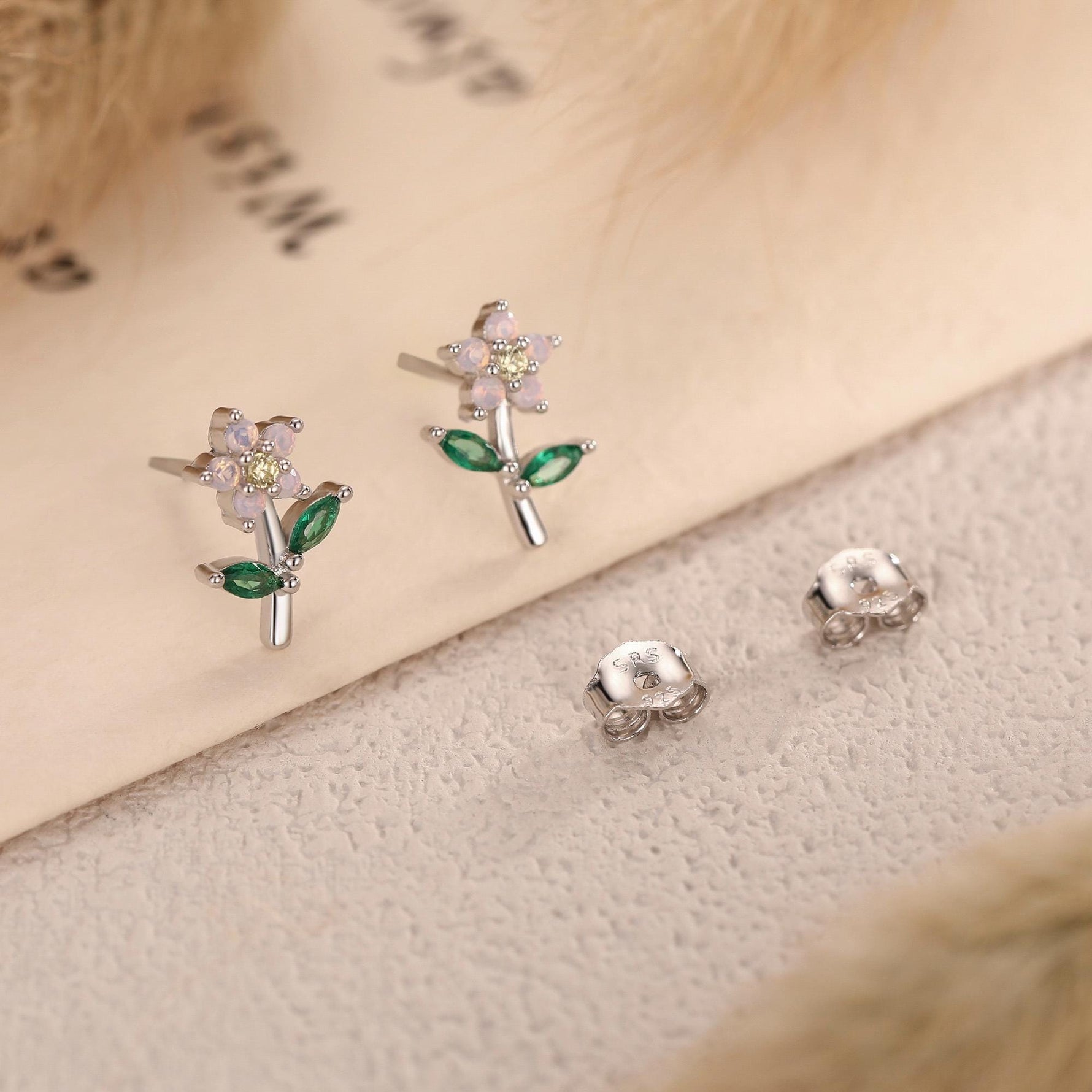 Extra Tiny Opal Pink CZ Flower Stud Earrings in Sterling Silver