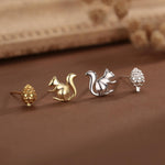 Mismatched Pine Cone and Squirrel Stud Earrings in Sterling Silver