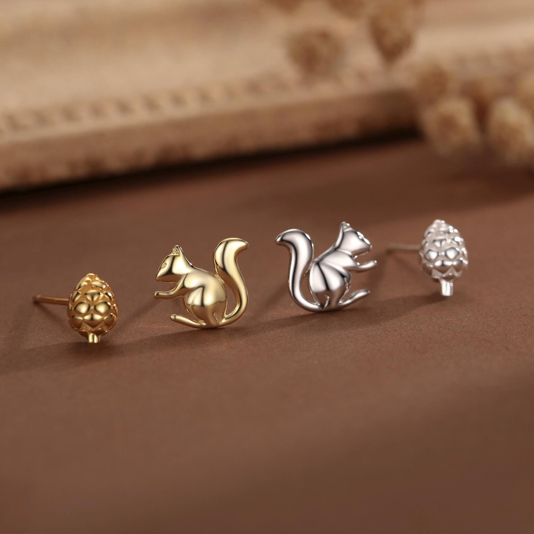 Mismatched Pine Cone and Squirrel Stud Earrings in Sterling Silver