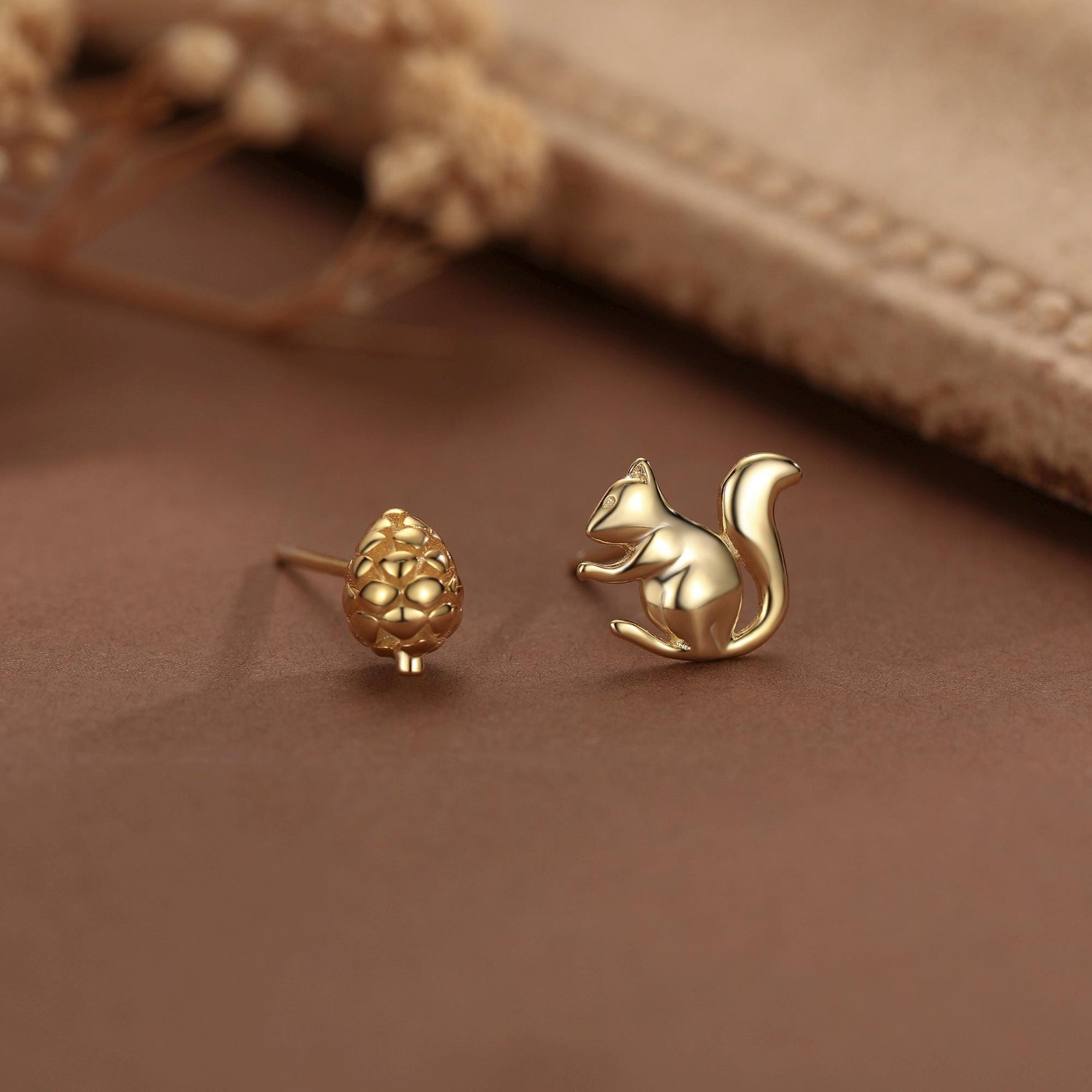 Mismatched Pine Cone and Squirrel Stud Earrings in Sterling Silver