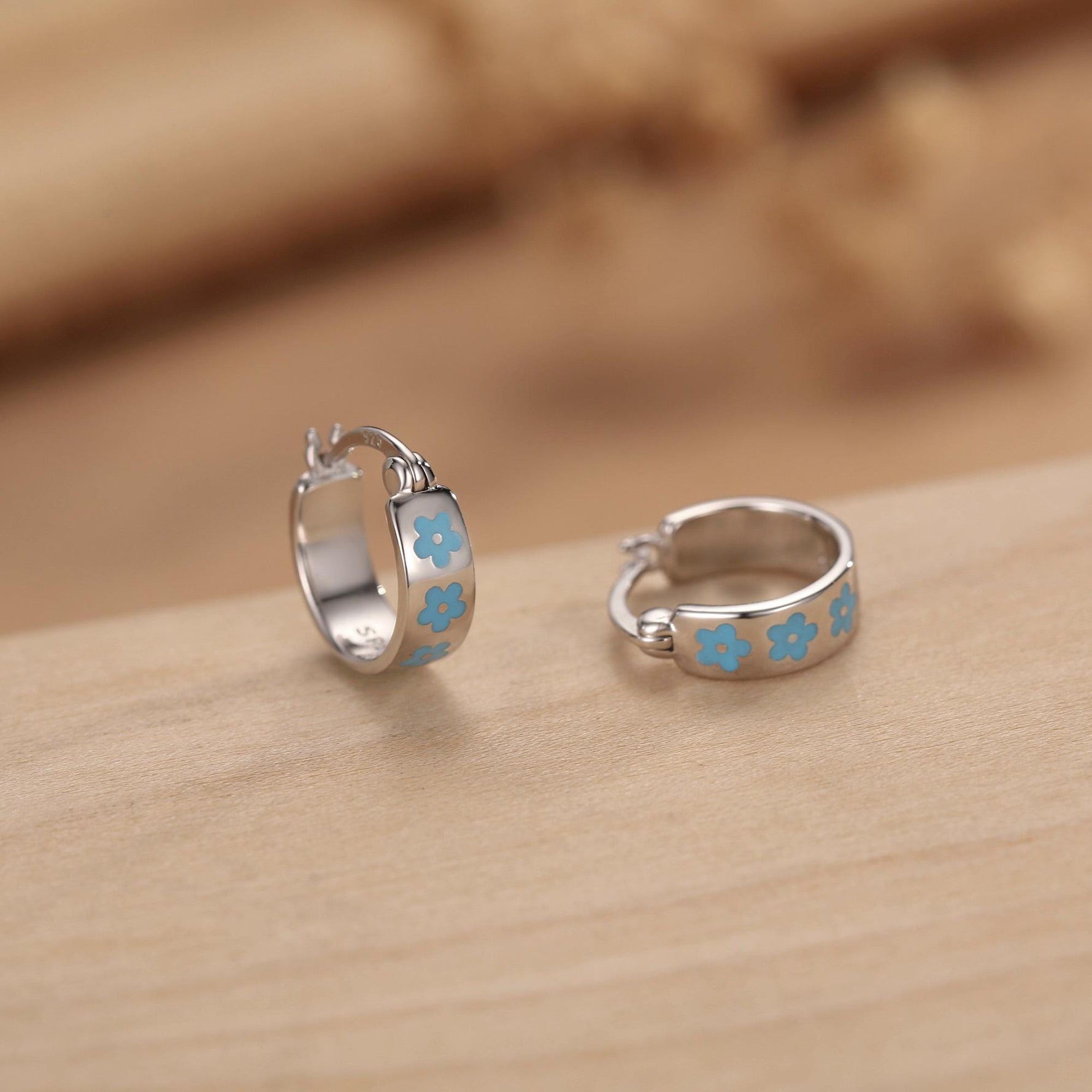 Sterling Silver Enamel Forget Me Not Huggie Hoops