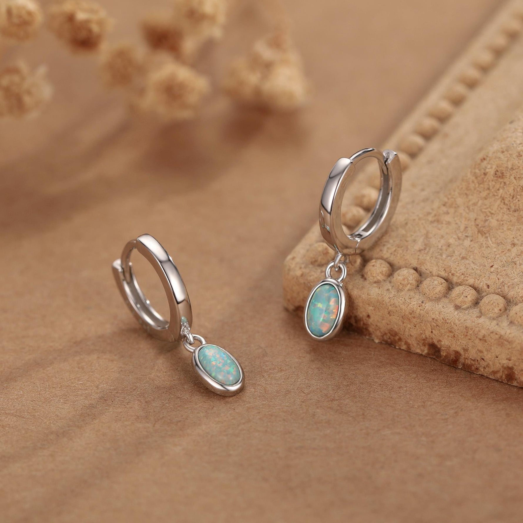 Sterling Silver Dangling Oval Aqua Green Opal Hoop Earrings
