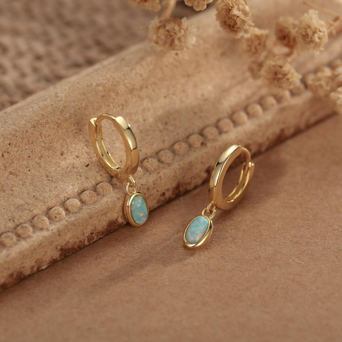 Sterling Silver Dangling Oval Aqua Green Opal Hoop Earrings