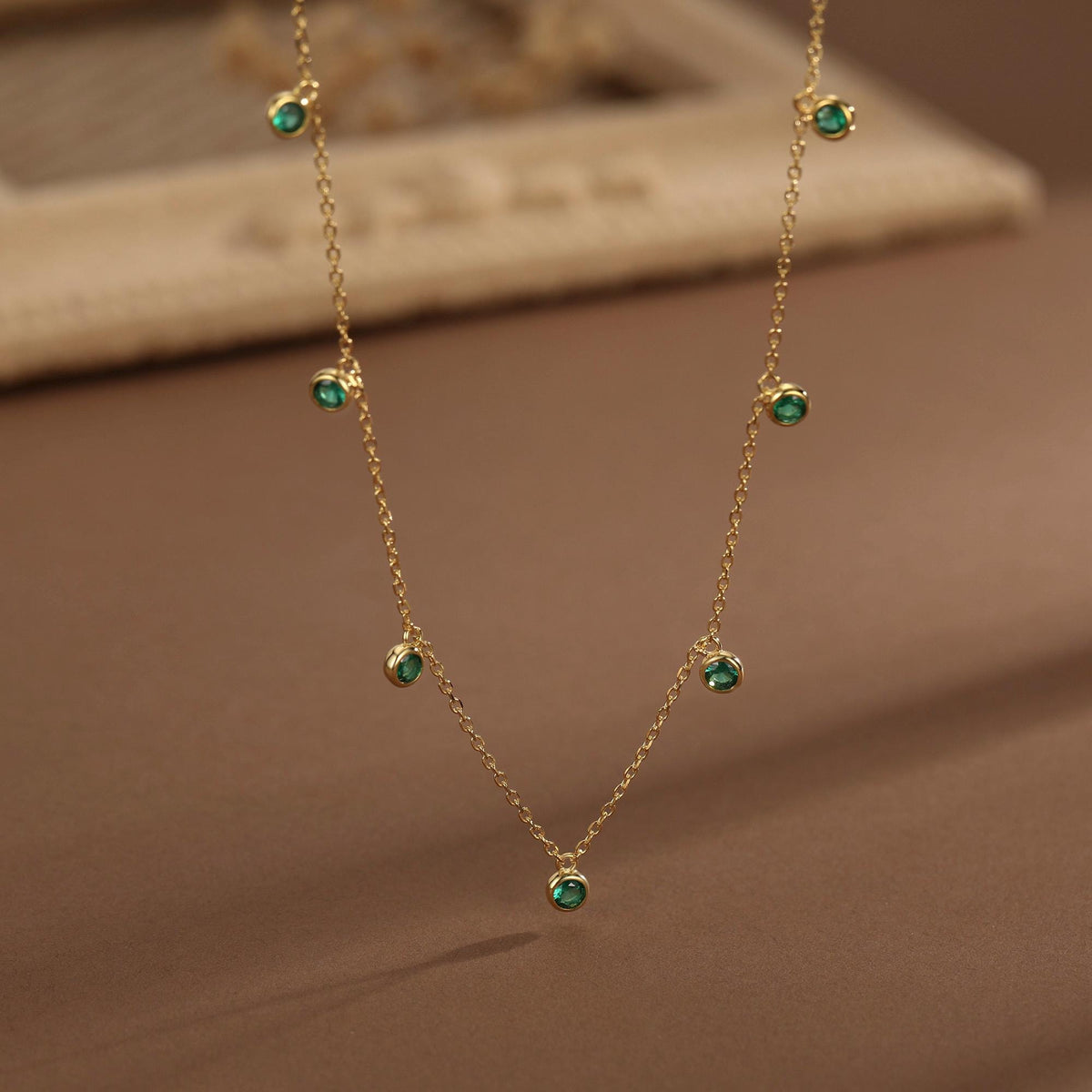 Emerald Green CZ Charm Necklace in Sterling Silver, Silver or Gold, Satellite Crystal Necklace, Solid Silver Necklace
