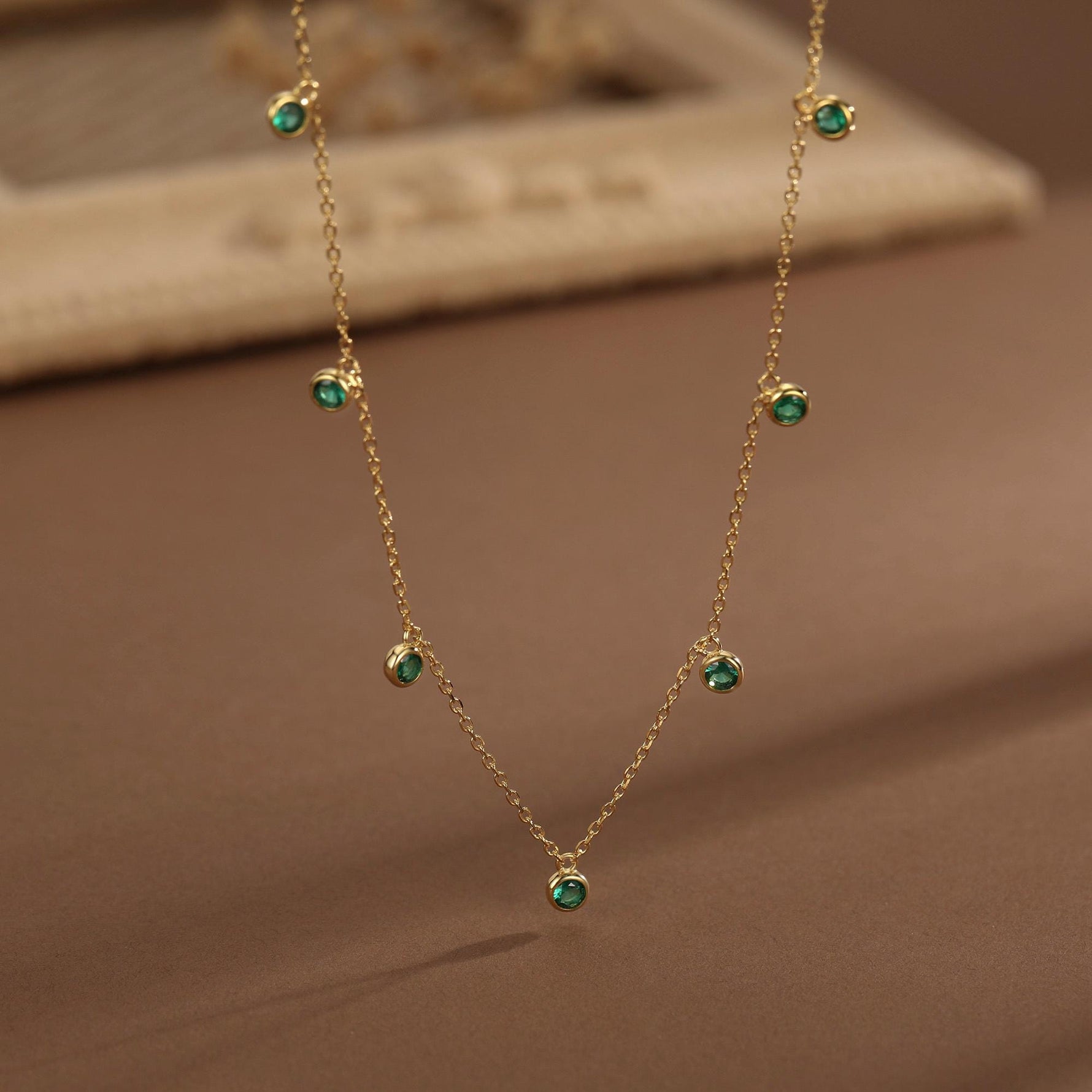 Emerald Green CZ Charm Necklace in Sterling Silver, Silver or Gold, Satellite Crystal Necklace, Solid Silver Necklace