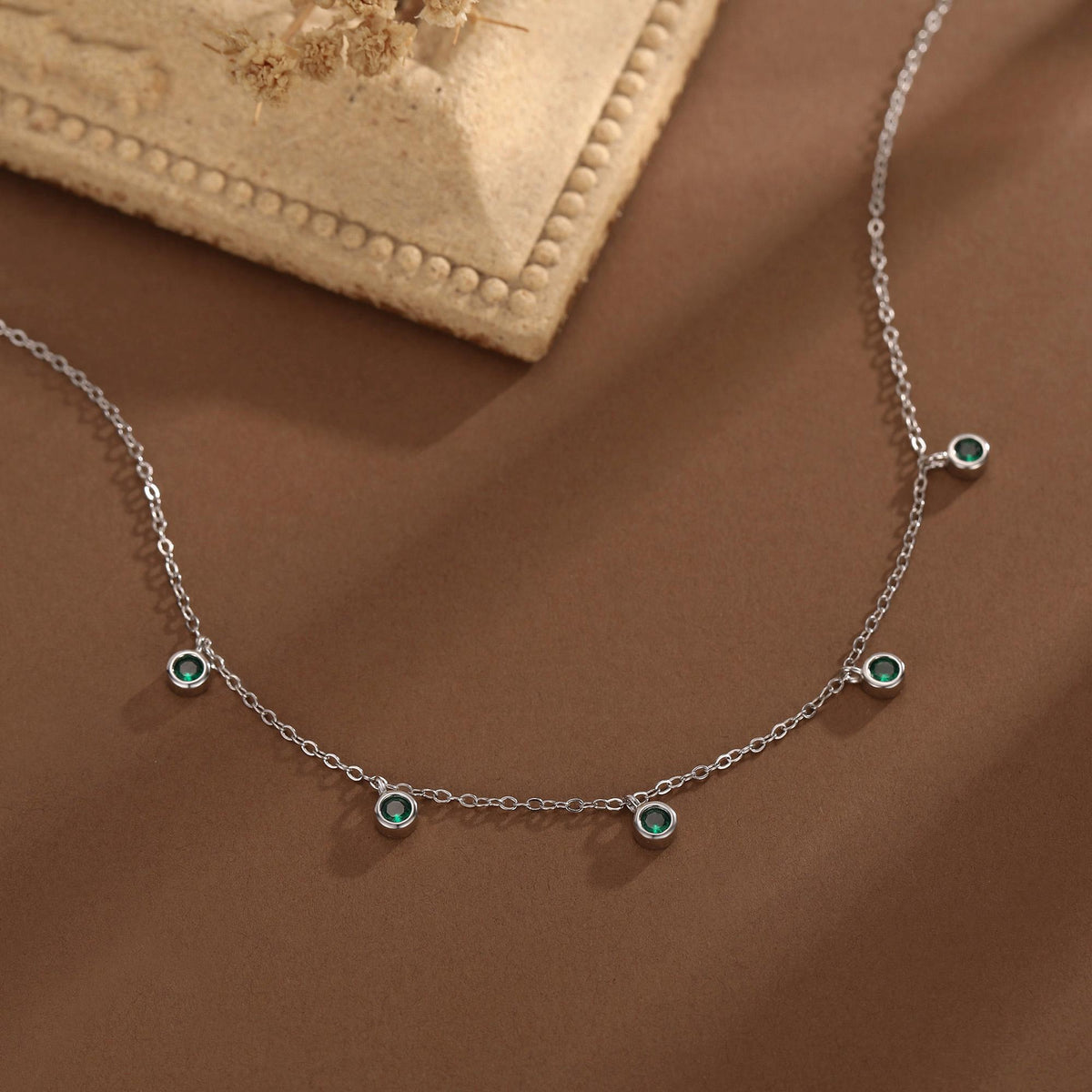 Emerald Green CZ Charm Necklace in Sterling Silver, Silver or Gold, Satellite Crystal Necklace, Solid Silver Necklace